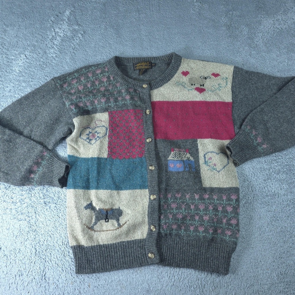 Vintage Eddie Bauer Cardigan Womens Small Gray Patchwork Wool Heart Horse 90s